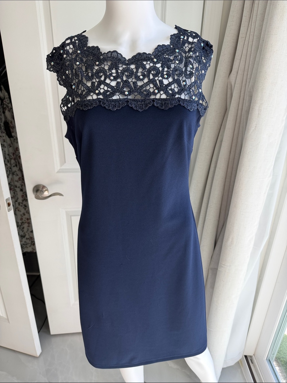 NWOT SLNY Navy Lace Yoke Sleeveless Dress with rhinestones
